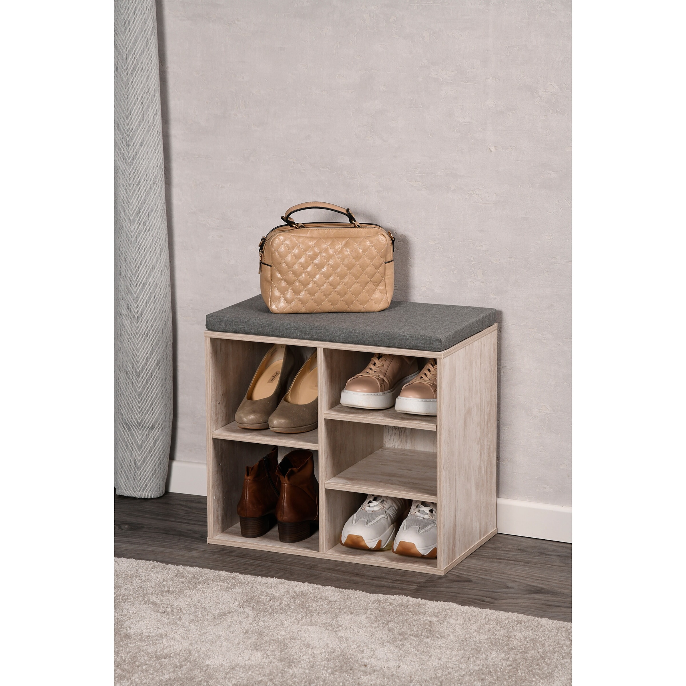 Schuhschrank mit Sitzkissen, 5 Fächer, braun