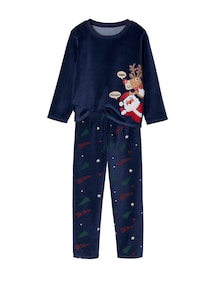 Schlafanzug Samt Weihnachten Jungen, Oberteil mit Print, Hose gestreift