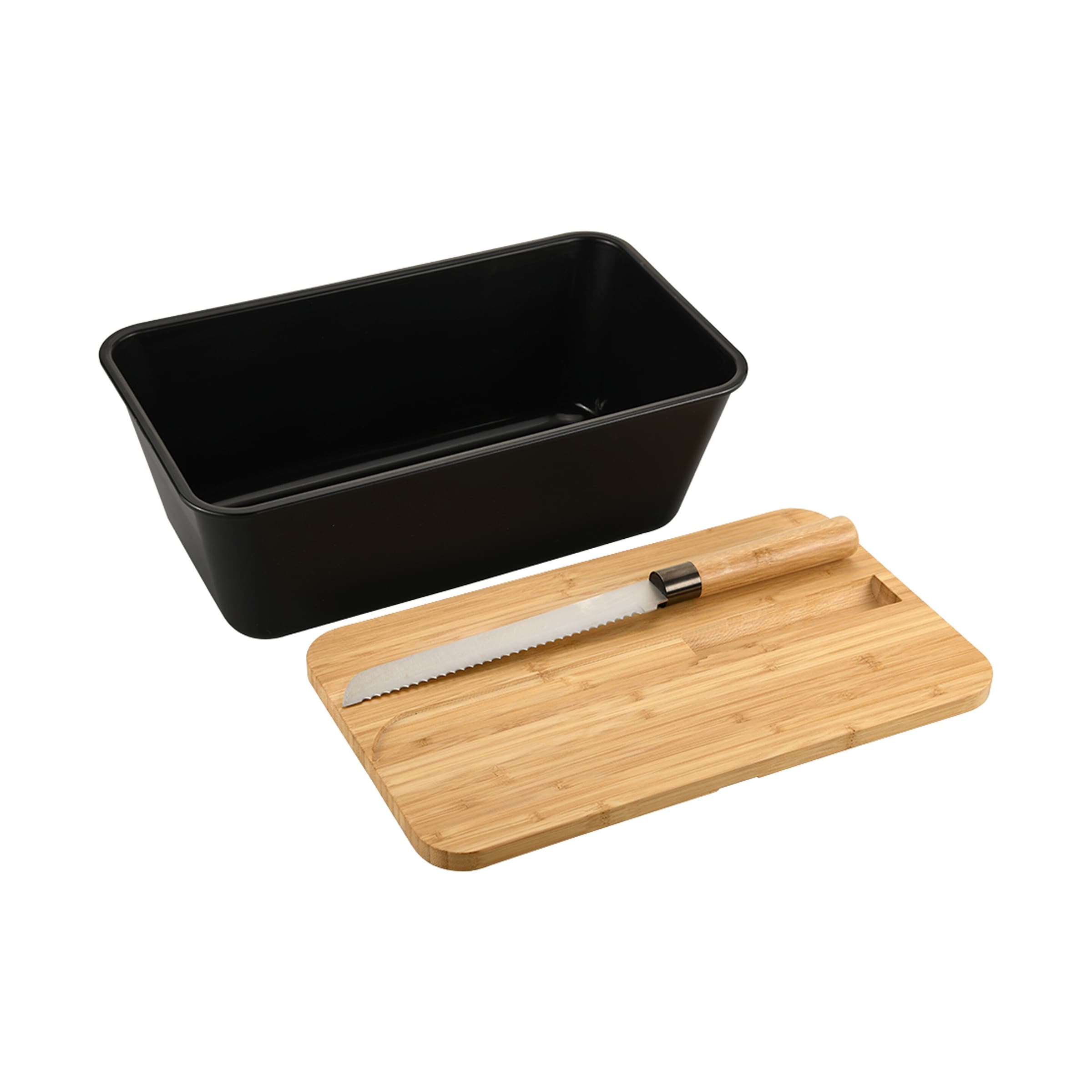 Brotbox mit Bambus-Schneidebrett und Messer
