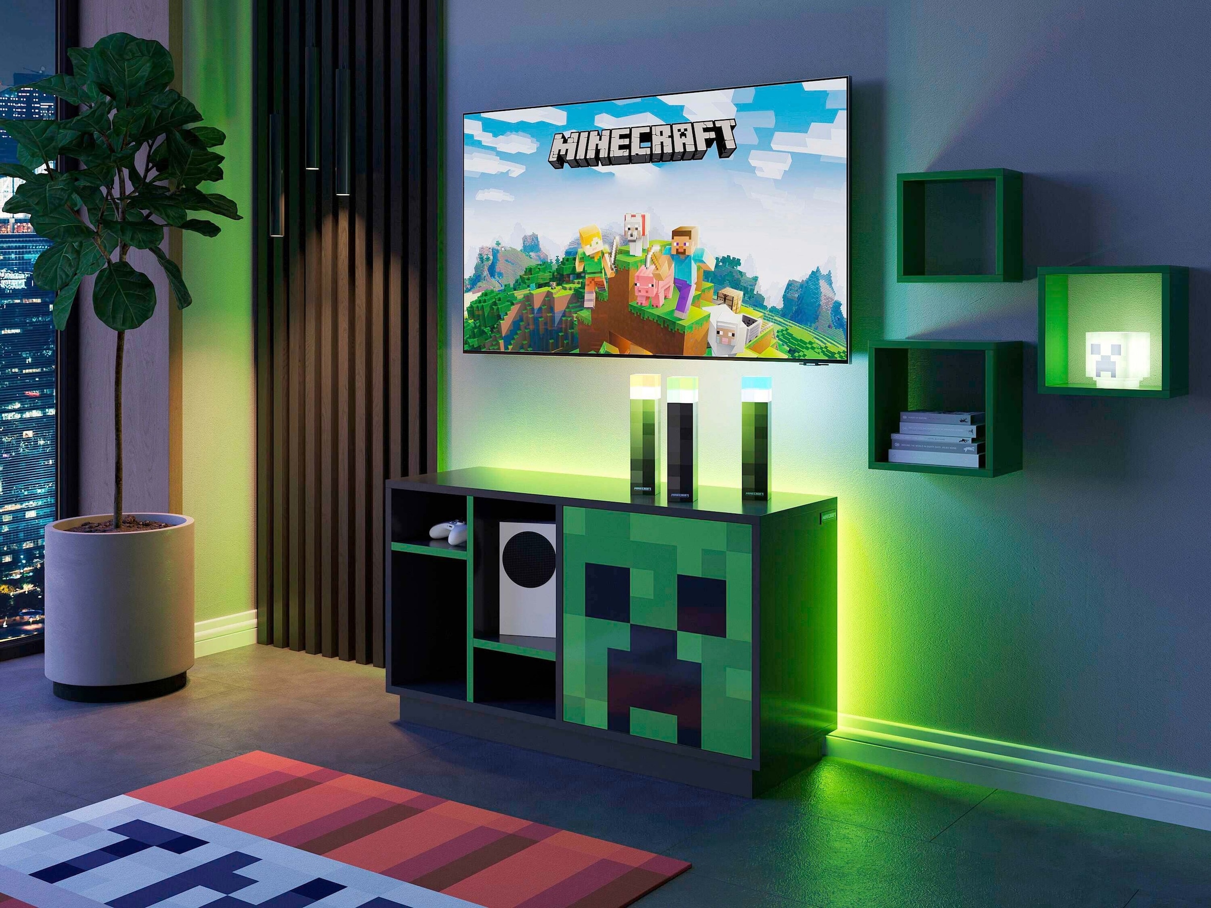 Roba TV-Lowboard mit Tuer mit Push-Open und 4 offenen Fächern, Kabeldurchführung Minecraft
