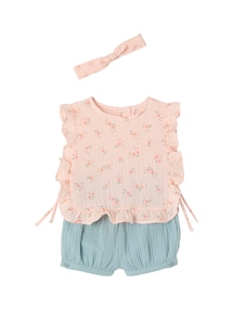 Mädchen Baby-Set: Bluse, Shorts & Haarband aus Musselin