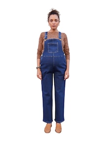 Weite Umstands-Latzhose aus waterless-Denim, Bundweite verstellbar
