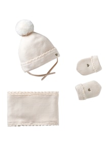 Baby Strick-Set: Mütze, Snood und Fäustlinge mit Herzstickerei