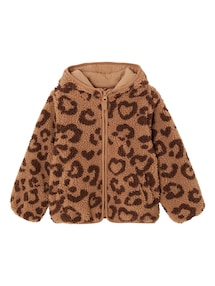 Übergangsjacke aus Teddyfleece mit Kapuze und Leopardenmuster Mädchen