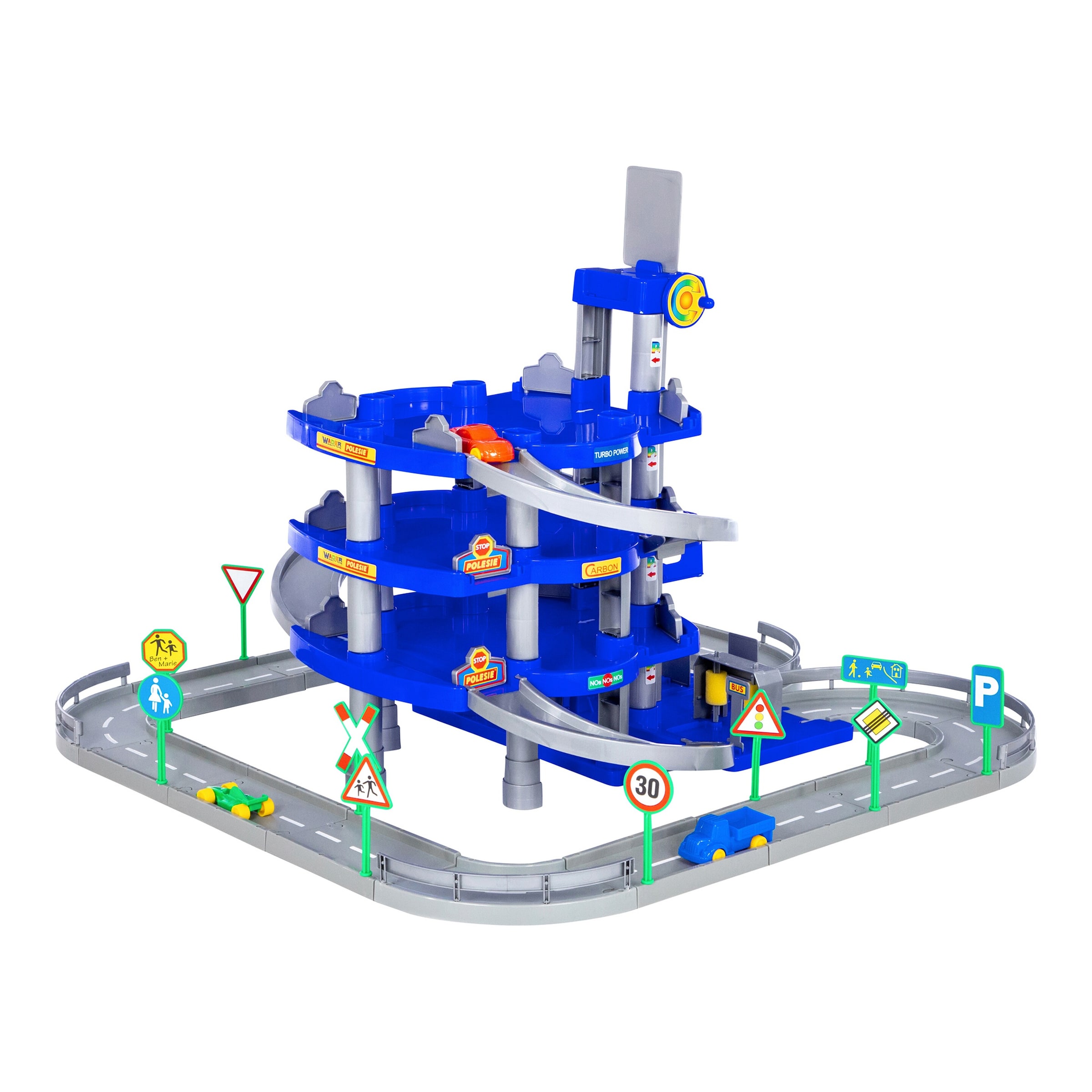 Garage mit 4-Ebenen mit Straße und Autos