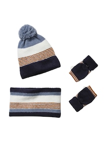 Jungen Strick-Set: Mütze, Rundschal & Handschuhe, Streifen