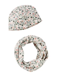 Mädchen-Set: Mütze & Rundschal mit Blumen
