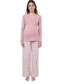 Schlafanzug mit Karo-Hose für Schwangerschaft & Stillzeit