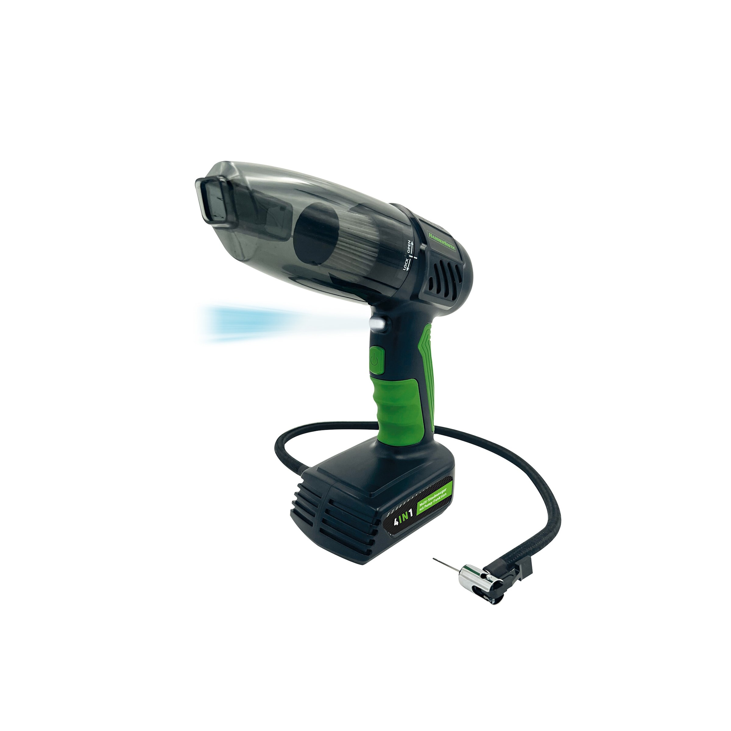 Hammersmith AirStorm – Kabelloser Handstaubsauger & Luftkompressor mit SOS-Leuchte & umfangreichem Zubehörset – Autoreifen aufpumpen – Reifendruck prüfen – Autostaubsauger & Luftpumpe – Mail-Order-Edition