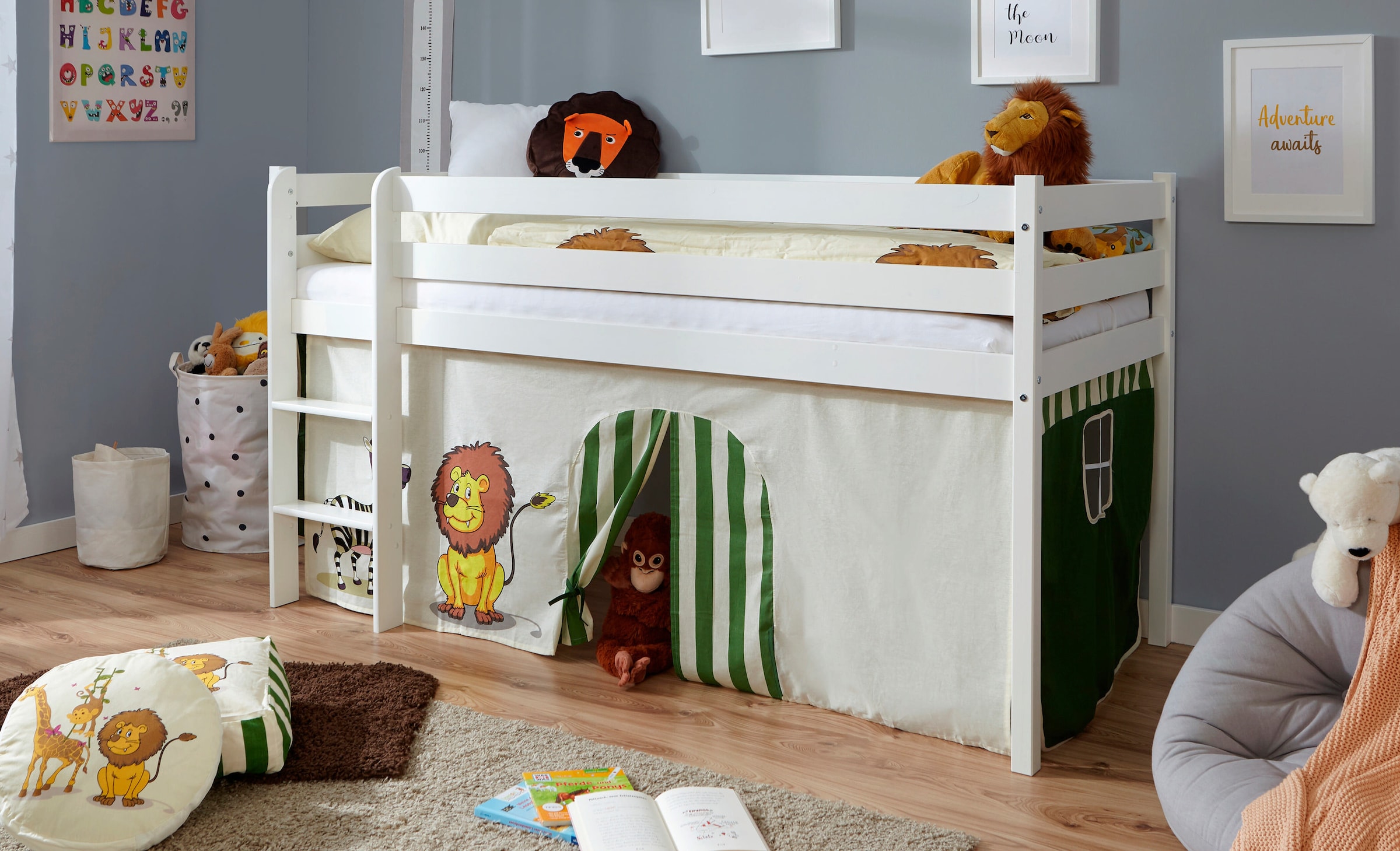 Ticaa Hochbett Kiefer Weiß Vorhang "Safari"