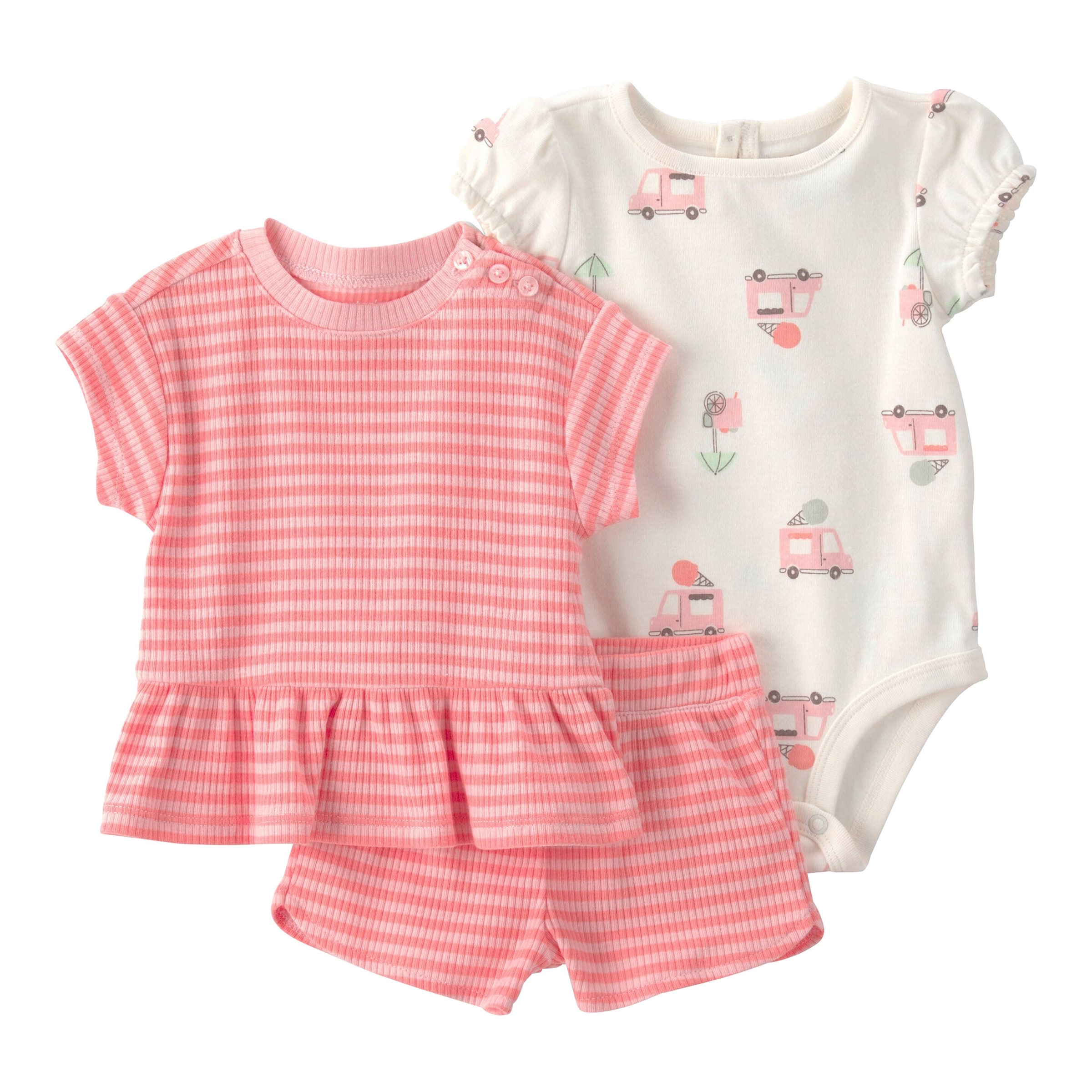 Carter's 3-tlg. Set T-Shirt, Body kurzarm und Shorts Ringel Eiswagen