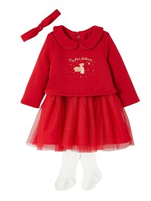 Weihnachtliches Baby-Set: Kleid, Haarband & Strumpfhose
