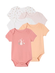 Bio-Kollektion: 5er-Pack Baby Bodys mit kurzen Ärmeln, Hase & Blumen