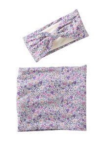 Mädchen Strinband und Rundschal mit Blumenmotiven, Jersey mit Fleecefutter