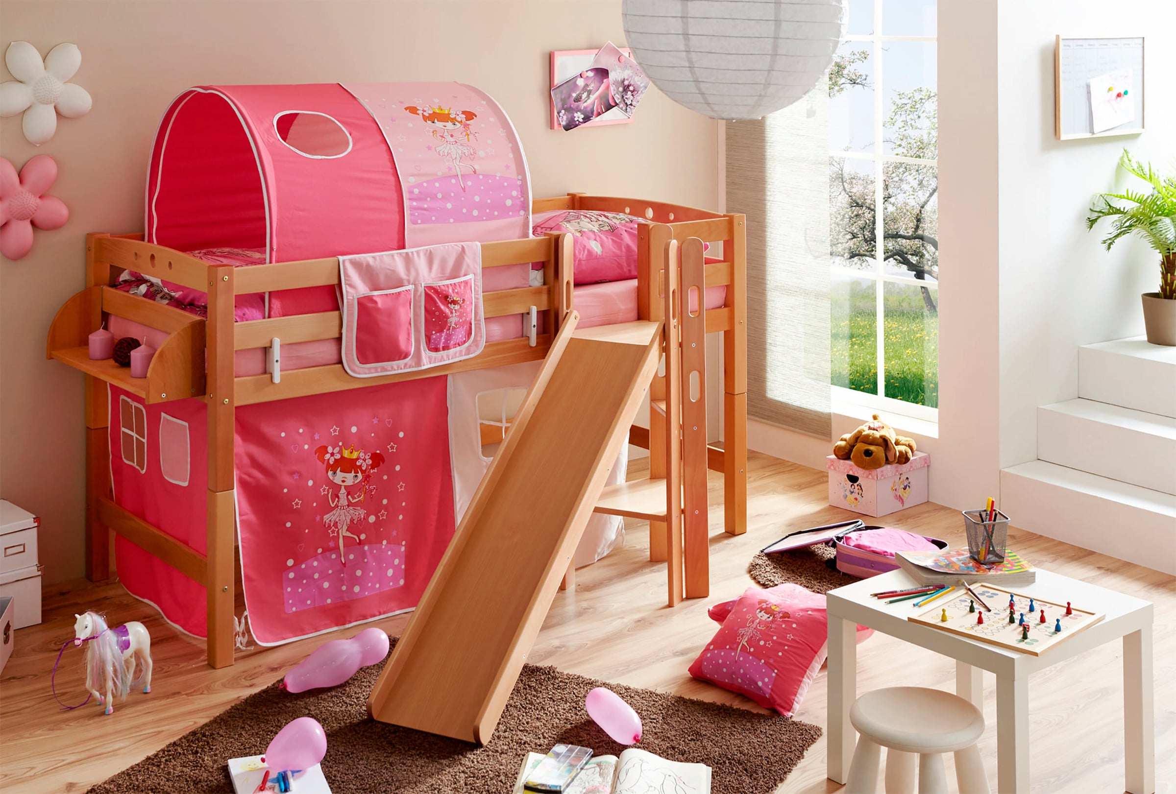 Ticaa Hochbett mit Rutsche Podestbett "Tino" Buche Natur Motiv, teilbar mit Farbauswahl