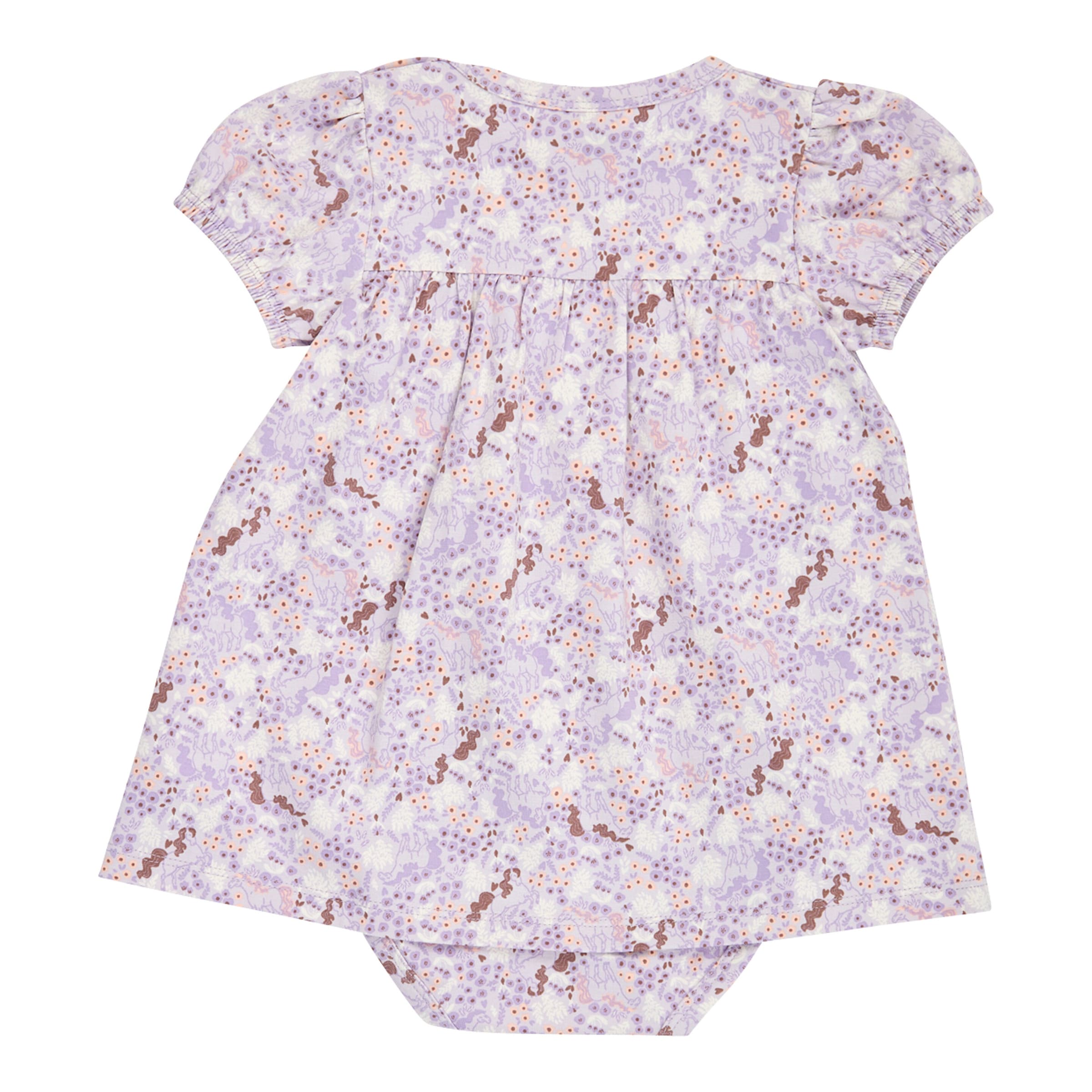 Müsli Bodykleid kurzarm Puffärmel Einhörner Blumen