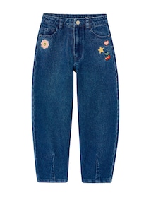 Jeans Ballonform mit Fantasie-Badges Mädchen, Bundweite verstellbar