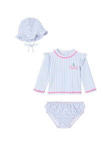 Gestreiftes Baby-Set: UV-Badeshirt, Badeshorts und Sonnenhut, Kirschmotiv