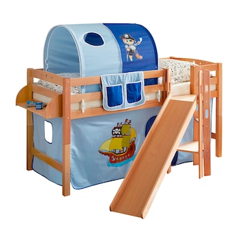 Hochbett mit Rutsche Podestbett "Tino" Buche Natur Motiv, teilbar mit Farbauswahl