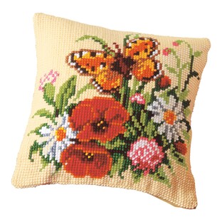 Coussin en point de croix « Fleurs et papillon »