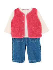 Baby-Set aus Shirt, Teddyfleece-Weste und Jeans, Dehnbund