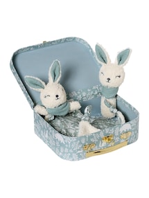 Baby Geschenk-Set: Hasen-Schmusetuch, Rassel & Köfferchen