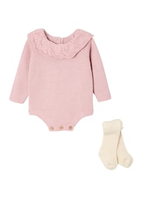 Baby-Set aus Strick-Einteiler mit Bubikragen und Strumpfhose