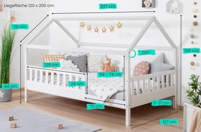 Kinderbett Hausbett "Kay" 120x200 Kiefer weiß für Jungen & Mädchen, inkl. Rolllattenrost, Rausfallschutz variabel, Montessori Bett weiß aus Kiefer Massivholz