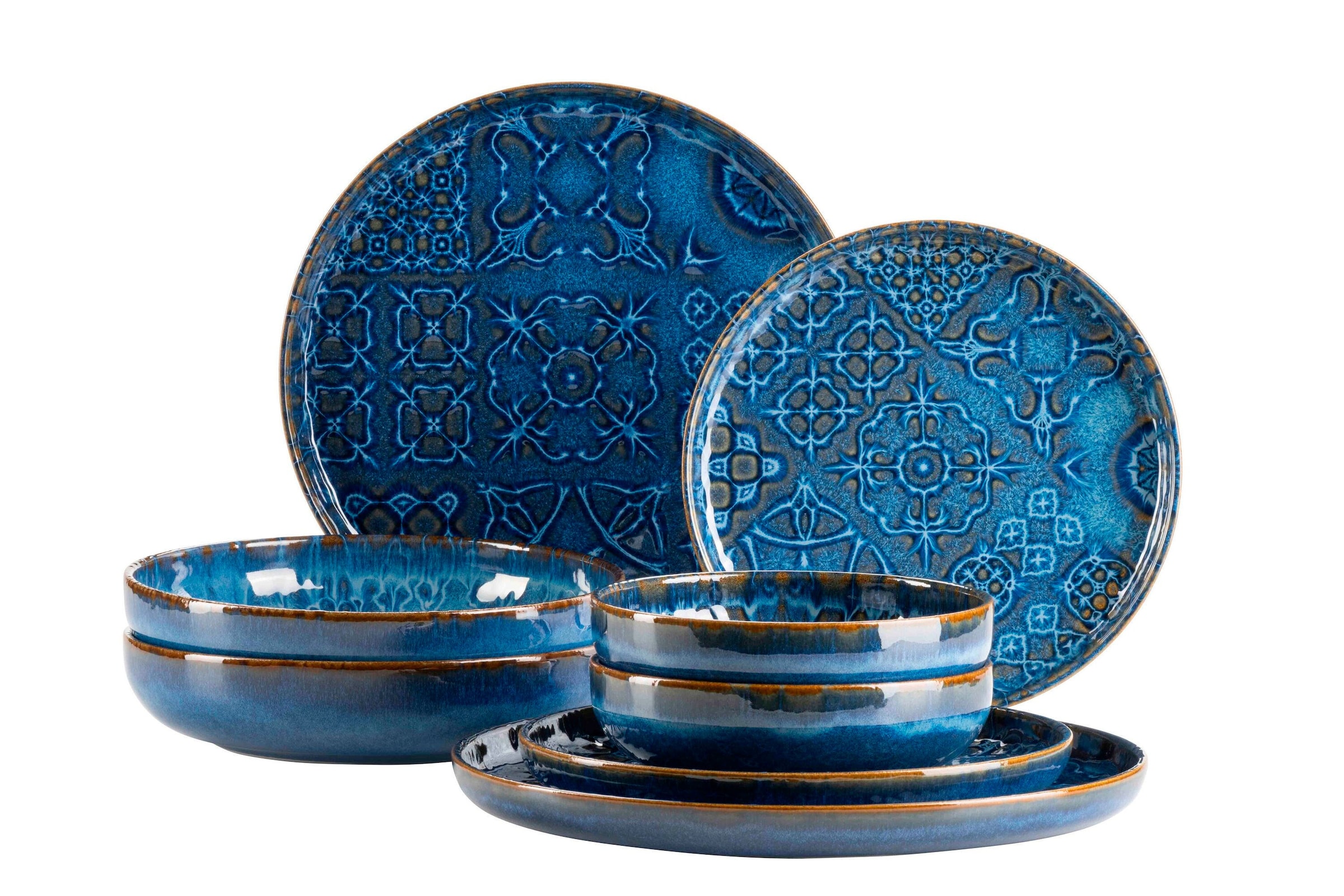 MÄSER 934063 Serie Tiles Modernes Vintage Geschirr Set für 2 Personen in maurischem Design, 8-teiliges Tafelservice mit Tellern und Schalen aus hochwertiger Keramik, Steinzeug, Blau