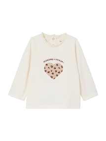 Baby Langarmshirt mit Herz & Leo-Print, Spitze am Ausschnitt, Bio-Baumwolle