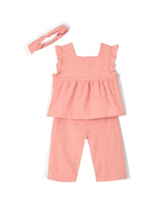 Baby-Set: Bluse, Hose und Haarband, Lochstickerei