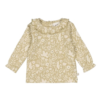 T-shirt à manches longues en crêpe col à ruchés fleurs
