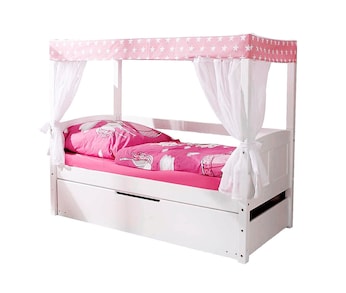 Himmelbett Mini mit Bettkasten "Stern Rosa" Kiefer Weiß