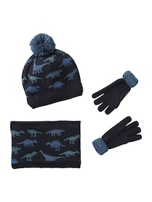 Set aus Mütze, Schlauchschal und Handschuhen für Jungen mit Dinosaurier-Motiv