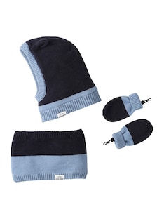 Zweifarbiges Jungen Baby-Set: Schalmütze, Rundschal & Fäustlinge