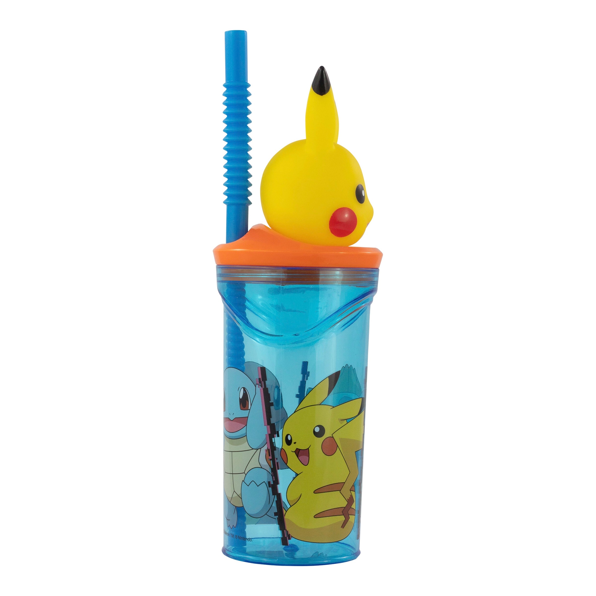Trinkbecher mit Strohhalm und 3D-Figur Pikachu, 360 ml