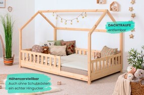 Kinderbett Hausbett "Kay" 90x200 inkl. Schubkästen Kiefer natur
