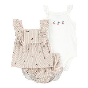 3-tlg. Set Body ohne Arm, Top und Shorts Ringel Kirschen