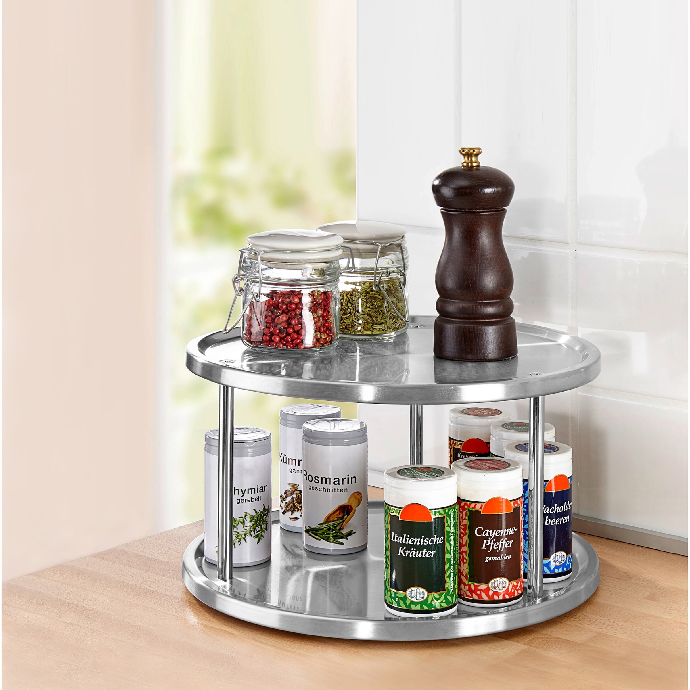 Gewürzregal-Schrankrondell "Doppeldecker", Edelstahl, drehbar, stehend