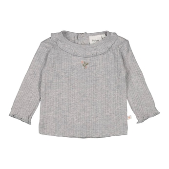T-shirt à manches longues ajouré avec col à ruchés matière côtelée
