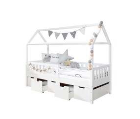 Hausbett "Traumhaus" mit 5er Schubkästen Kiefer Weiß