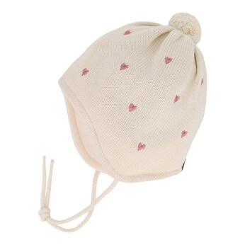 Winter-Strickmütze mit Bommel Herz-Stickereien