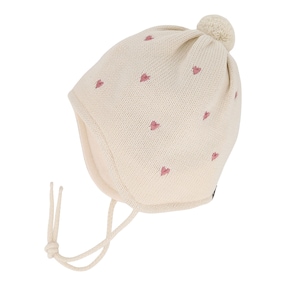 Winter-Strickmütze mit Bommel Herz-Stickereien