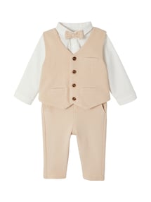 Festliches Jungen Baby-Set: Hemd, Hose, Weste & Fliege, Bundweite verstellbar