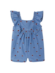 Baby Kurzoverall aus luftigem Denim, Erdbeeren-Stickerei
