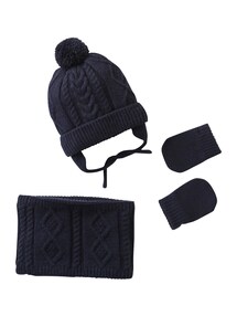 Baby Set: Mütze, Snood und Fäustlinge mit Zopfmuster für Jungen