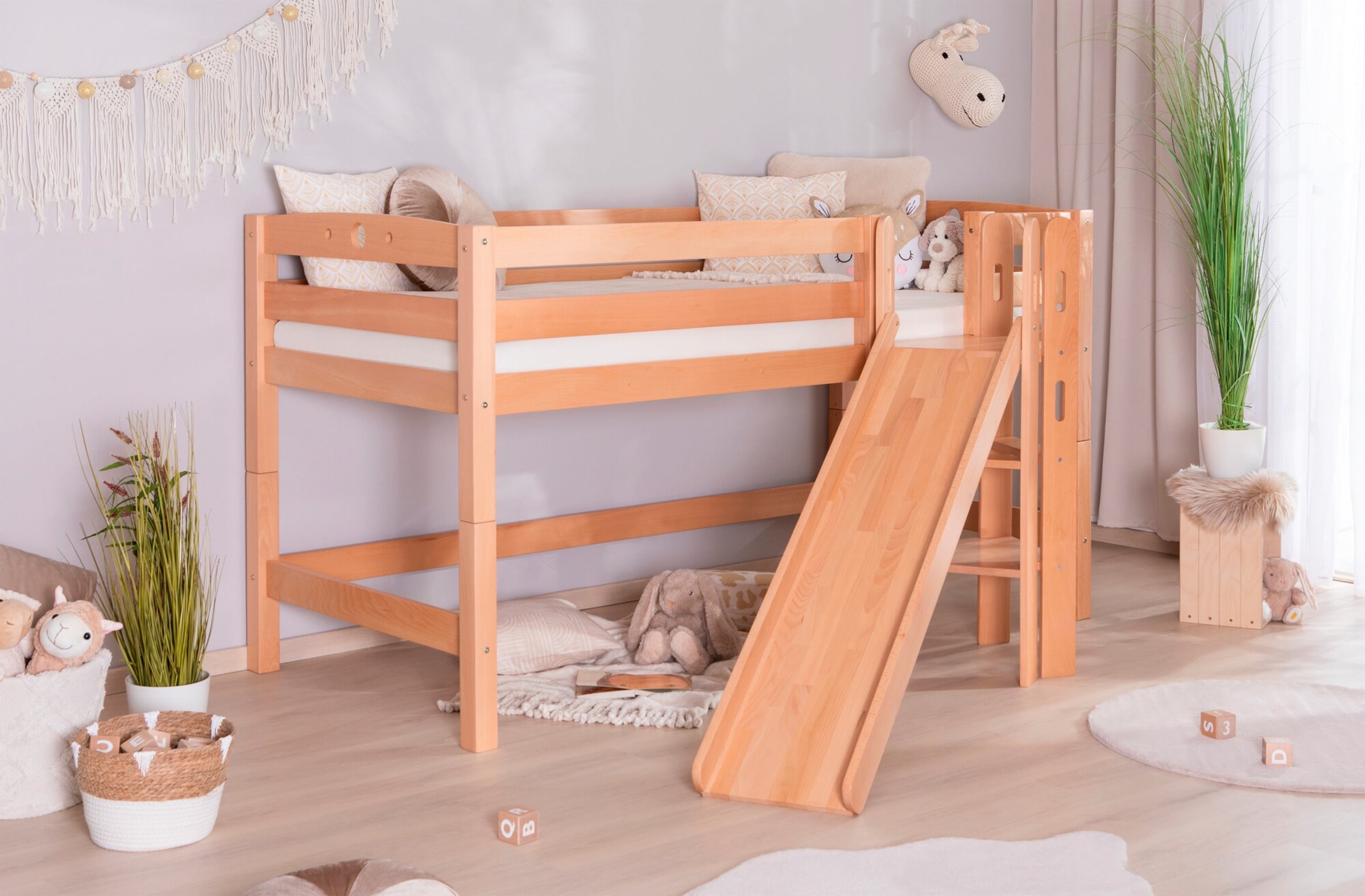 Ticaa Hochbett mit Rutsche Podestbett "Tino" Buche Natur Motiv, teilbar mit Farbauswahl
