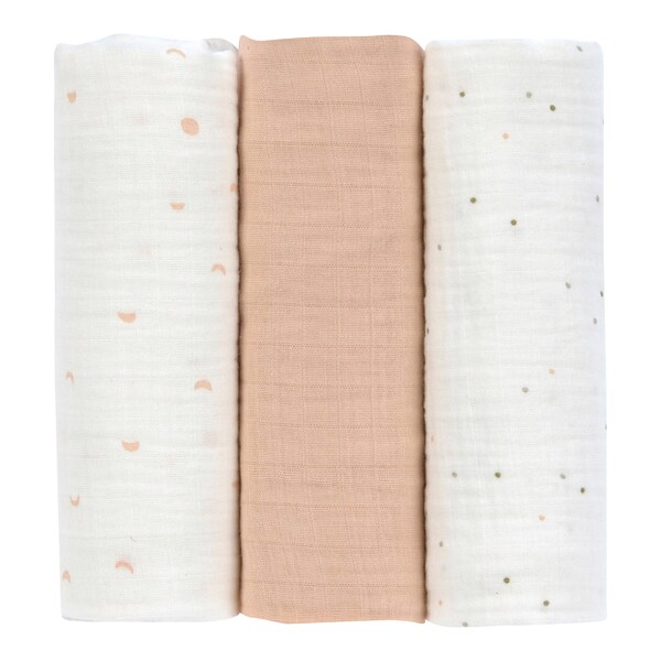 Lot De 3 Langes Bébé 100% Gaze De Coton 70x70 Cm – 1 Imprimé Rose Mignon + 2 Unis Blanc Et Rose, Ultra Doux & Respirant