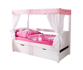 Himmelbett Mini mit Bettkasten "Stern Rosa" Kiefer Weiß