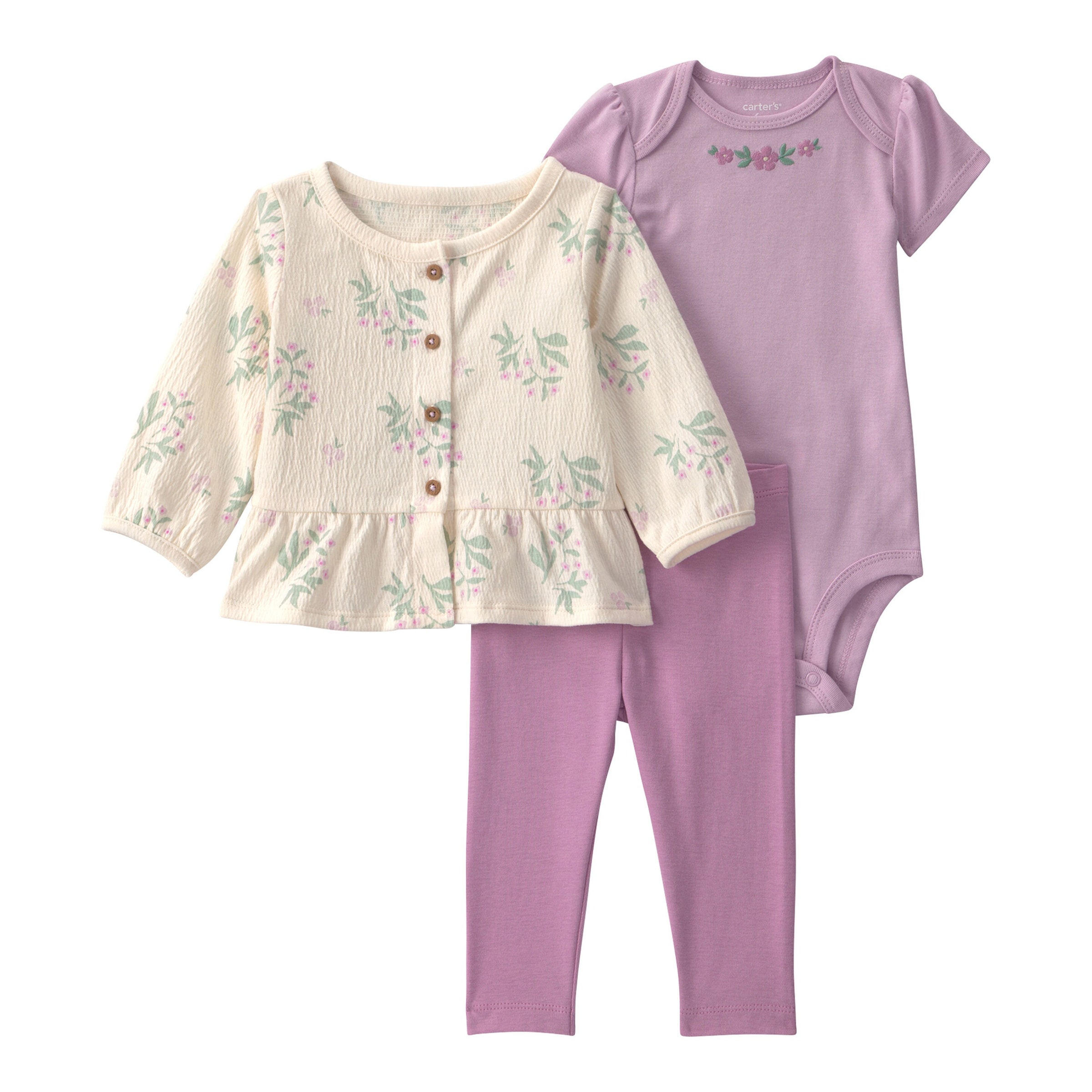 Carter's 3-tlg. Set Body kurzarm, Jacke und Leggings Blumen gekreppt
